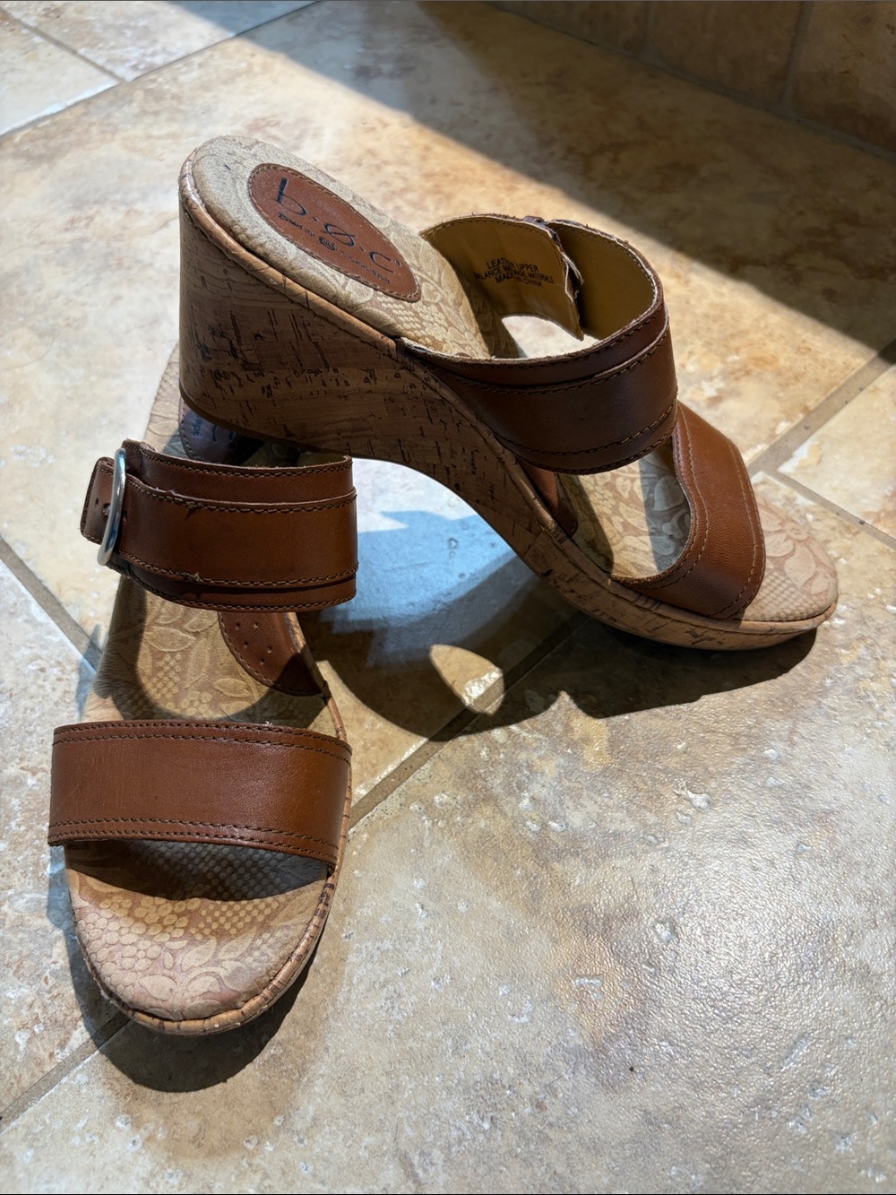 b.o.c. Brown Leather Cork Wedge Slide Sandals